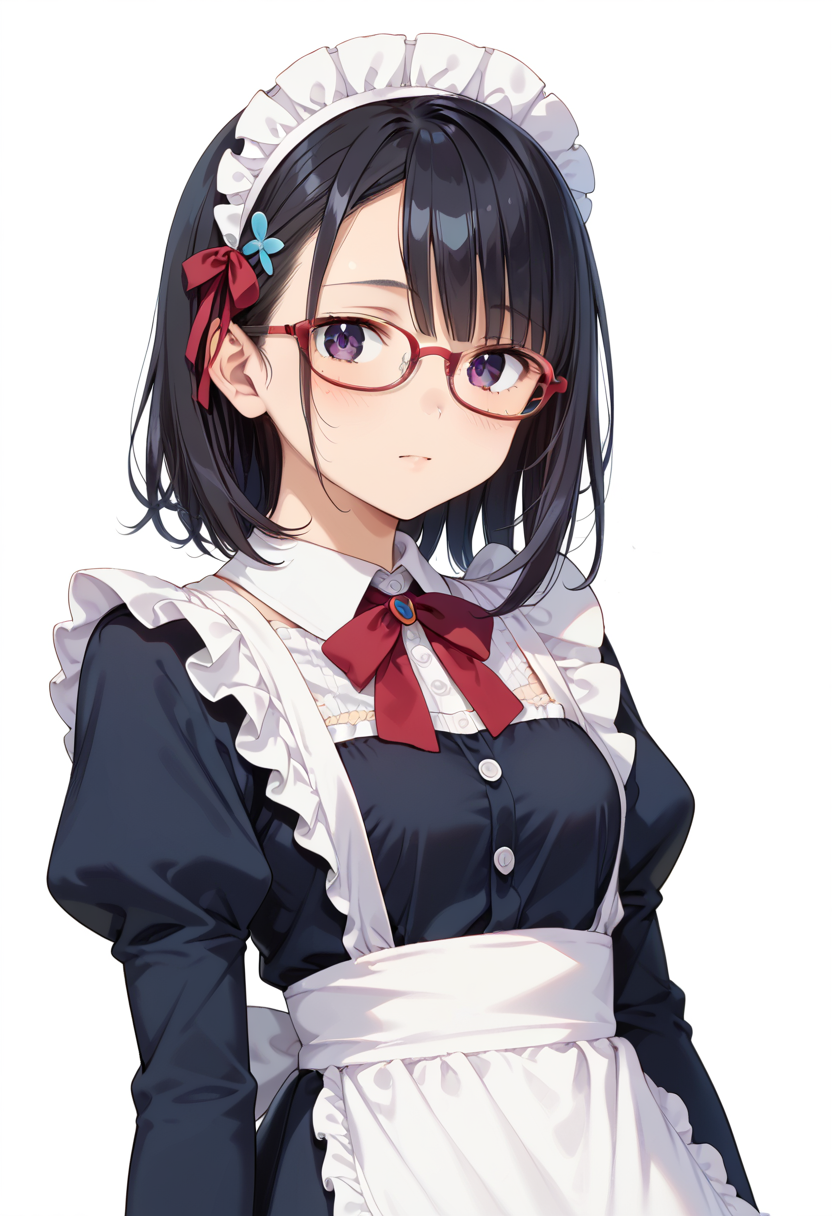 score_9, score_8_up, score_7_up, rating_safe, masterpiece, best quality, absurdres, unity 8k wallpaper, official art, official style, source_anime, uncensored, game cg, megami magazine,
1girl, solo, black hair, medium hair, upper body, covered eyes,maid, maid headdress, black dress, maid apron, face focus,
oval_cell, glasses, still life, white background, simple background, red-framed eyewear,
 <lora:glasses_OvalCell1_PONY_V1:1>