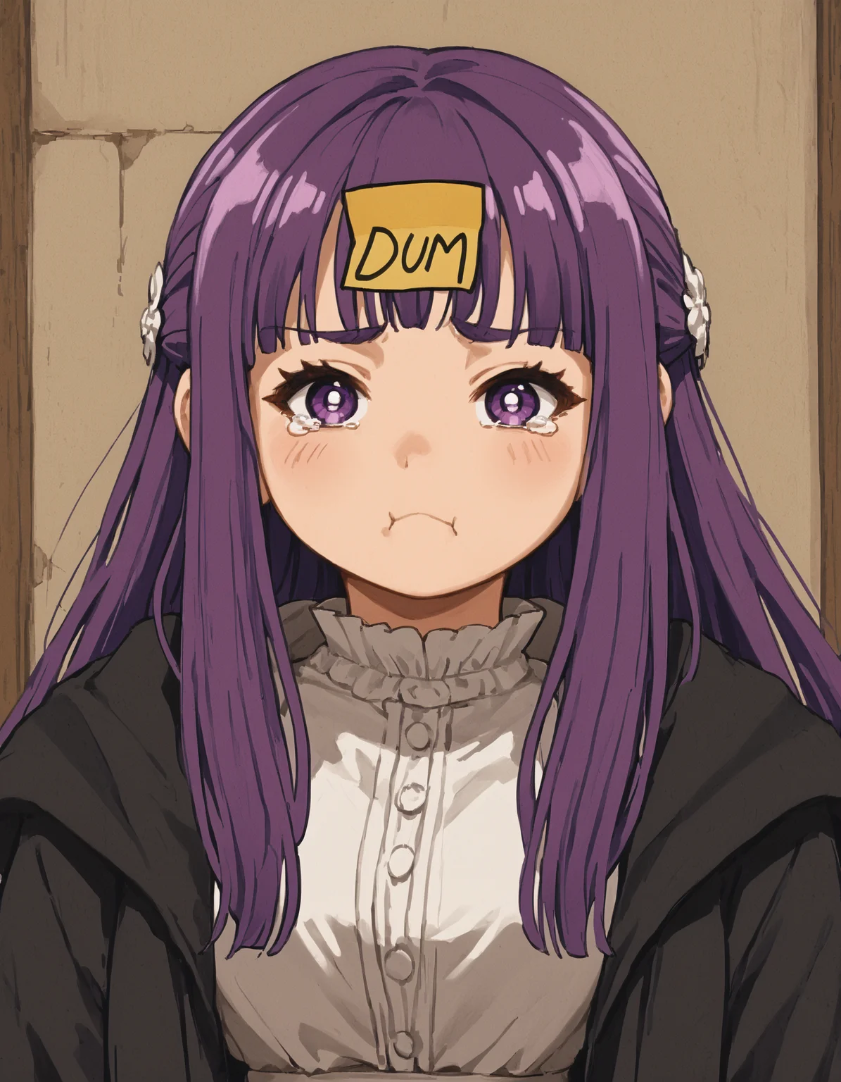 score_9, score_8_up, score_7_up, source_anime, sketch, 1girl, <lora:brj-fern-pony-v0.5:1> fern \(sousou no frieren\), large breasts, long hair, purple hair, half updo, blunt bangs, purple eyes, open robe, long dress, <lora:DumStickyNote_XLPD:1.2> dumstickyNote, sticker, tearing up, pout, puffy cheeks, serious, <lora:stormStyle:.5>
