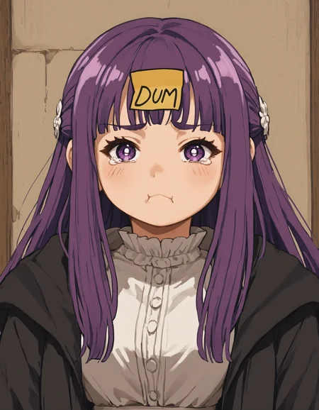 score_9, score_8_up, score_7_up, source_anime, sketch, 1girl, <lora:brj-fern-pony-v0.5:1> fern \(sousou no frieren\), large breasts, long hair, purple hair, half updo, blunt bangs, purple eyes, open robe, long dress, <lora:DumStickyNote_XLPD:1.2> dumstickyNote, sticker, tearing up, pout, puffy cheeks, serious, <lora:stormStyle:.5>