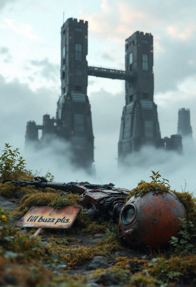 In the foreground lays the whimsical, decaying, moss-covered, and weathered metal body of a long-defunct robot, its rusted frame blending completely into the natural environment. Beside it, an old, half-rotted sign lies on the ground, bearing the faded TEXT:"lil buzz pls" hinting at its past use as a begging shield. The robot’s head, overgrown with vines, gives an eerie sense of abandonment and forgotten technology. Behind this rusted relic, a massive abyss hovers in the vastness of outer space, its colossal form seemingly bowing down to the viewer. Two towering structures, forged from black metal, rise ominously into the high clouds. Their sleek, modern-medieval design incorporates both sharp geometric angles and massive windows that reflect the fading light. A bridge of cold, gleaming metal connects the two towers, reinforcing their imposing presence in the sky. The hyper-realistic scene captures a tranquil, mist-shrouded landscape at twilight, with rolling hills and deep valleys bathed in soft orange light. The terrain is covered with delicate shrubs and grasses, their leaves tinged in deep black-pink hues, creating a striking contrast against the cool, misty atmosphere. The decaying robot’s weathered form, set against the towering black metal structures, evokes a haunting sense of the passage of time, where nature slowly reclaims the remnants of a long-lost civilization.