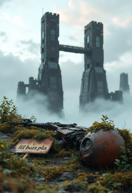 In the foreground lays the whimsical, decaying, moss-covered, and weathered metal body of a long-defunct robot, its rusted frame blending completely into the natural environment. Beside it, an old, half-rotted sign lies on the ground, bearing the faded TEXT:"lil buzz pls" hinting at its past use as a begging shield. The robot’s head, overgrown with vines, gives an eerie sense of abandonment and forgotten technology. Behind this rusted relic, a massive abyss hovers in the vastness of outer space, its colossal form seemingly bowing down to the viewer. Two towering structures, forged from black metal, rise ominously into the high clouds. Their sleek, modern-medieval design incorporates both sharp geometric angles and massive windows that reflect the fading light. A bridge of cold, gleaming metal connects the two towers, reinforcing their imposing presence in the sky. The hyper-realistic scene captures a tranquil, mist-shrouded landscape at twilight, with rolling hills and deep valleys bathed in soft orange light. The terrain is covered with delicate shrubs and grasses, their leaves tinged in deep black-pink hues, creating a striking contrast against the cool, misty atmosphere. The decaying robot’s weathered form, set against the towering black metal structures, evokes a haunting sense of the passage of time, where nature slowly reclaims the remnants of a long-lost civilization.