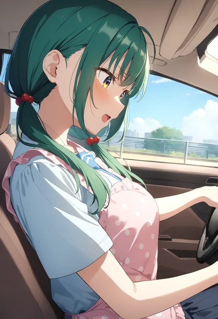 1girl,sincos, ningen mame, toosaka asagi,solo,medium breasts,school uniform,
heart apron,apron, frills, frilled apron, <lora:heartapron_XL_v1:0.6>
from side, panorama shot, looking down, green hair, golden eyes,serious, in car, open mouth, low twintails hair,,
best quality, very aesthetic, absurdres