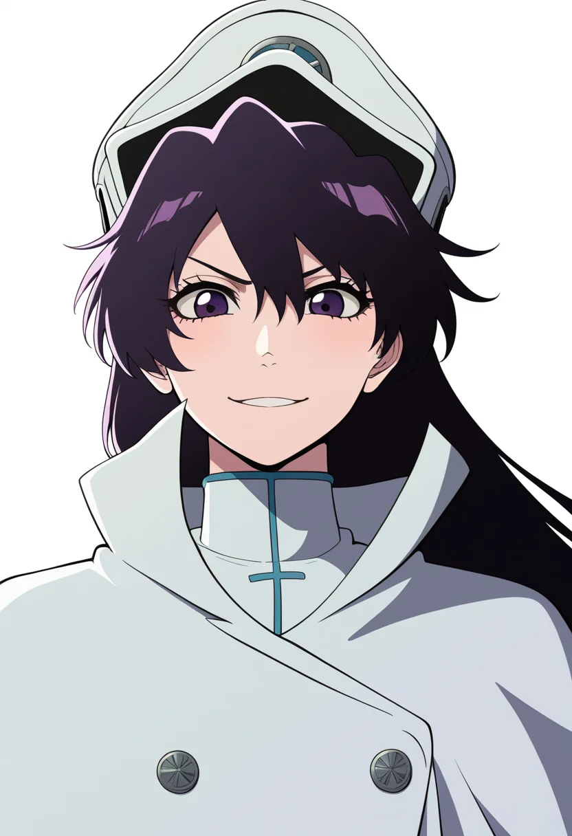 best quality, amazing quality, very aesthetic, absurdres,
BREAK
1girl, bambietta, black hair, long hair, purple eyes,
cape, trench coat, peaked cap, uniform, double-breasted,
upper body
smile, solo, looking at viewer, simple background, white background, <lora:BambiettaBasterbineNoobXL_byKonan:1>