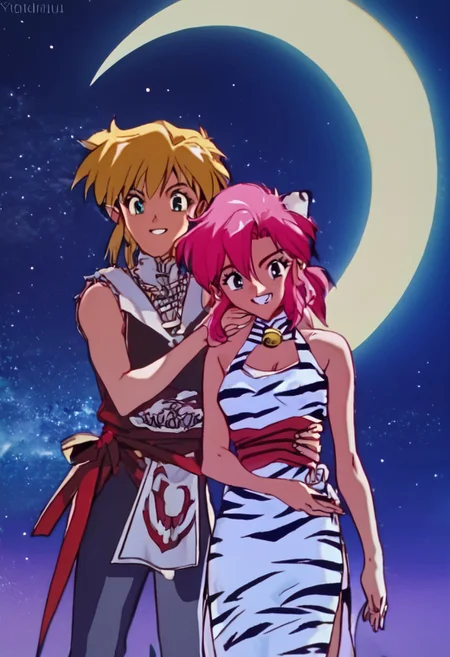 score_9, score_8_up, score_7_up, score_6_up, 1990s_(Style), 90s, Anime_Coloring, masterpiece, source_anime screenshot, duo, 1 girl, 1 boy, vivid colors, anime style, cartoon anime, source_anime, high-res, beautiful aesthetic, very intricate, high-quality details, vibrant, highly detailed, award-winning, professional, sleek and shiny, <lora:pink-ponyxl-v2:1>, single fang showing, sleeveless dress, white tiger print dress, pelvic curtain, cleavage, white cat ears, cat bell necklace, bright pink hair, tanned, white tiger tail, red sash, small breasts, leather shoes, detailed eyes, green eyes, detailed face, smile, BREAK score_9, score_8_up, score_7_up, score_6_up, Masterpiece, source_anime, anime style, 1 girl, 1 boy, vivid colors, high-res, beautiful aesthetic, very intricate, high-quality details, vibrant, highly detailed, award-winning, professional, <lora:link:1> link1, link, pointy ears, blonde hair, blue eyes, medium hair, side locks, earrings, short ponytail, blue hylian tunic, grin
Break
In front of a giant full moon, stars in the sky, pink and link standing for photo, hugging, night time, front view, cowboy shot, whimsical, happy