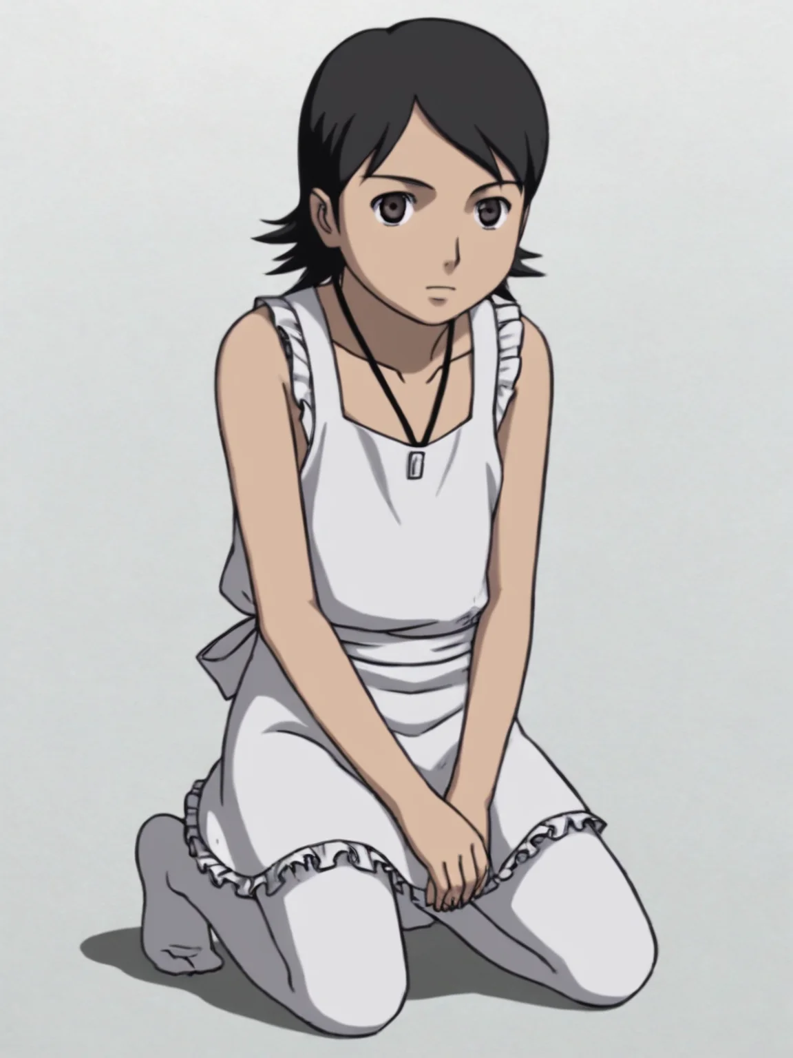 score_9, source_anime, BREAK, white background, <lora:Chai_PDXL:0.8> chai, flat chest, frilled apron, white legwear, frilled dress