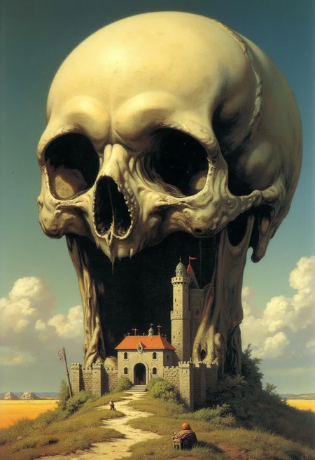 Frank Frazetta fantasy surreal oil painting of a closeup view of the inside the mouth of a giant skull, inside the mouth and empty eye sockets is built a tiny primitive medieval village
