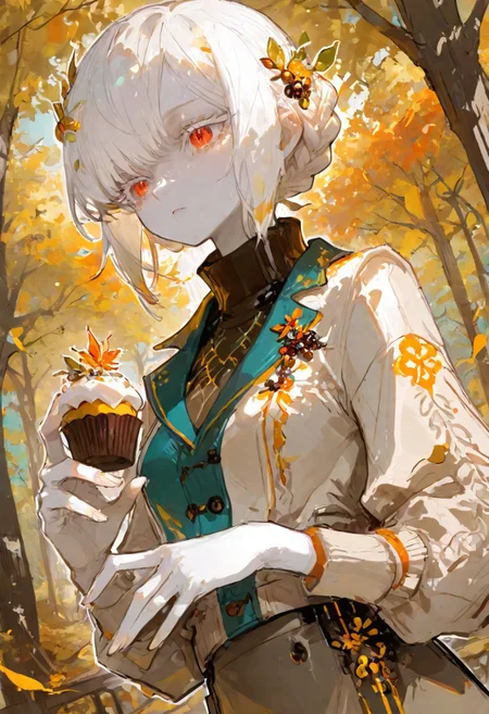 best quality, masterpiece, 748cmstyle, 1girl, white hair, red eyes, pale skin, white outline, sketch, small breasts, white eyelashes, natural hand pose, (MUTED beige, teal, orange and yellow) color scheme, holding cupcake, park in fall, dappled light, large braided bun, high rise skirt, short jacket, falling leaves, dramatic angle, autumn beaded hair pin, turtleneck sweater