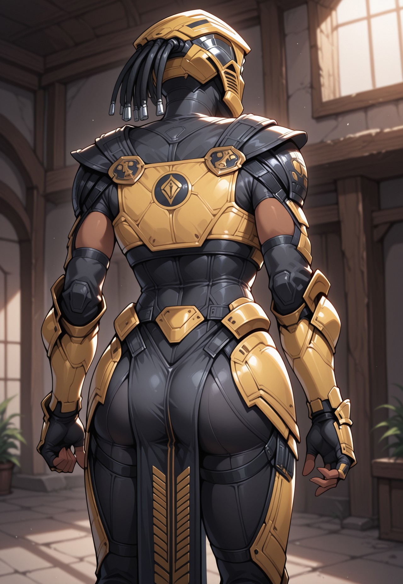 masterpiece, best quality, detailed, realistic, from behind, looking away, 1girl, solo, Cyrax, Helmet, dark-skinned female, Black bodysuit, shoulder armor, breastplate, gauntlets, fingerless gloves, leg armor, pelvic curtain,