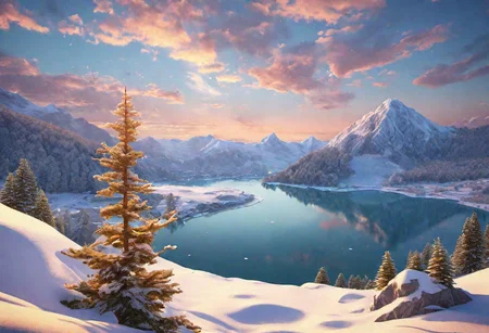 sunrise, snow mountain, icy lake, (masterpiece),((ultra-detailed)), conifers, (highly detailed CG illustration),(expressionless), (best quality:1.2), High quality texture, intricate details, detailed texture, High quality shadow, Cinematic Light, Depth of field, light source contrast, perspective,20s, (ulzzang-6500-v1.1:0.5), <lora:epi_noiseoffset2:1>, <lora:add_detail:0.8>,