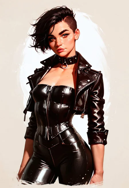 score_9, score_8_up, score_7_up, score_6_up , solo focus, small breasts , dramatic lighting , {thick thighs} , {bubble butt} , detailed eyes, wavy black hair ,sidecut pixie cut , brown eyes , perfecteyes, (high cheekbones:.7), (chubby face:0.5), (inverted triangle jaw:1) , (danish:greek:.5), easynegative, Expressiveh, g0thicPXL, neon, toned , curvy , wide hips, freckled cheeks , bottom heavy , realistic, absurdres, photorealistic, cute and mature. (((cropped leather jacket, corset top, leather pants, leather collar, black clothing)),