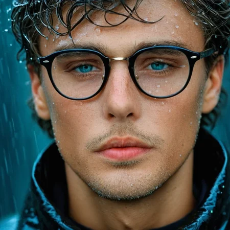 glamorous photo of <lora:glamour photography style:0.8> sharp detailed
<lora:add-detail-xl:1>1
<lora:TeethXL:1>
<lora:eyetune:1>
An award winning Glamour photo of a man wet wearing vintage glasses and a wet coat in the rain,solo,looking at viewer,simple background,1boy,closed mouth,male focus,glasses,grey background,facial hair,blue background,portrait,realistic,round eyewear , cinematic photography, film style, kodak film style, kodak motion picture, sharp, detailed, film color, different colors, detailed color, detailed background, detailed environment, creative, different, unique, awesome, high quality, 8k, film saturation, film contrast, Celluloid film, film still, movie still, cinematic light, different lighting, glamour photography style, high fashion, luxurious, extravagant, stylish, sensual, opulent, elegance, stunning beauty, professional, high contrast, detailed