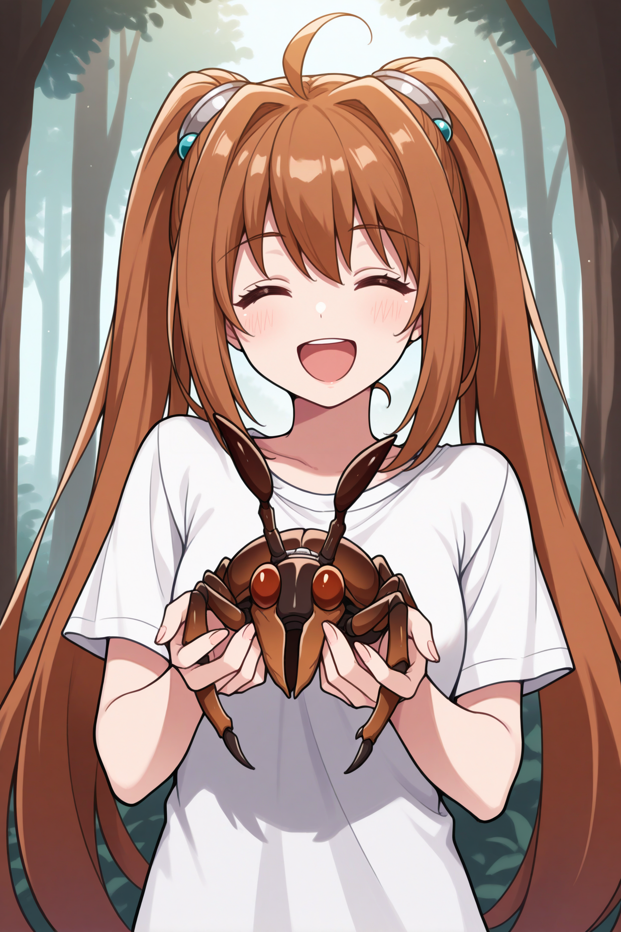 masterpiece, best quality, 1girl, solo  <lora:estellebright-illu-nvwls-v1-000005:1> fcEstl, brown hair, very long hair, ahoge, twintails, white t-shirt, hair bobbles, holding giant beetle, forest, happy, closed eyes, open mouth