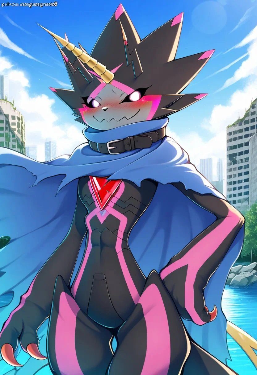 score_9, score_8_up, score_7_up,8k,(masterpiece,best quality)),best res,,good anatomy,cute,(sexy:1.3),ultra cute, ,face,hot,female,smiling,extremely detailed face,4k,happy, upper body,,detailed eyes,beautiful,smiling,,cute,very cute,upper body,tall,arms,, blush, perfect lighting, hips, skinny,,smiling,tall female,gulusgammamon, solo, looking at viewer, smile, 1boy, standing, tail, male focus, outdoors, horns, sky, day, artist name, belt, cloud, water, cape, blue sky, hand on own hip, no humans, colored skin, watermark, abs, cloudy sky, furry, building, web address, claws, cloak, buckle, colored sclera, single horn, city, cityscape, ruins, skyscraper, digimon (creature), closed mouth, collar, torn clothes, pokemon (creature), walking, blue cape, torn cape