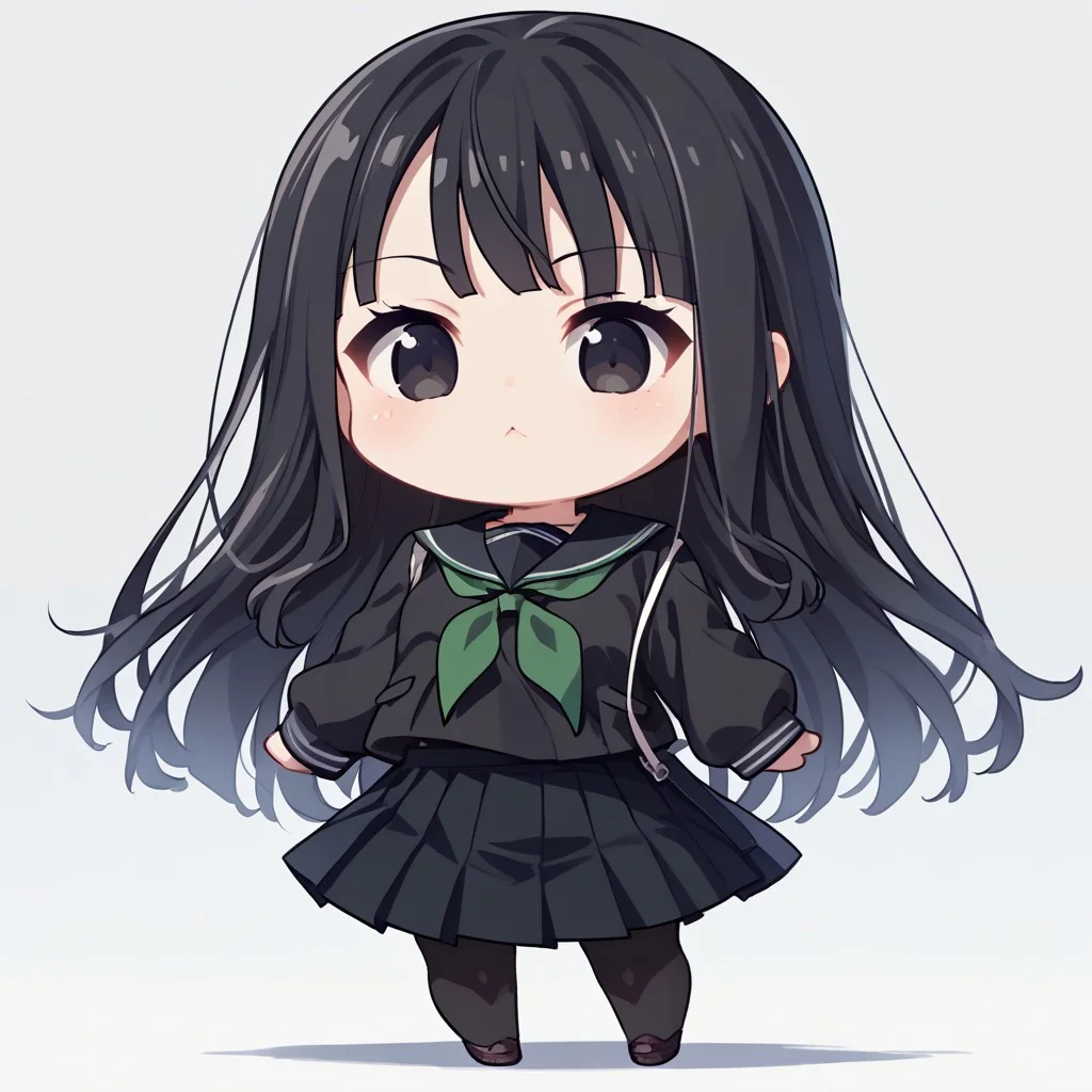 score_9, score_8_up, score_7_up, source_anime, 1girl, solo, byakuya rinne, black eyes, black serafuku, green neckerchief, black skirt, black pantyhose, (((chibi))), full body
