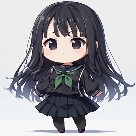 score_9, score_8_up, score_7_up, source_anime, 1girl, solo, byakuya rinne, black eyes, black serafuku, green neckerchief, black skirt, black pantyhose, (((chibi))), full body