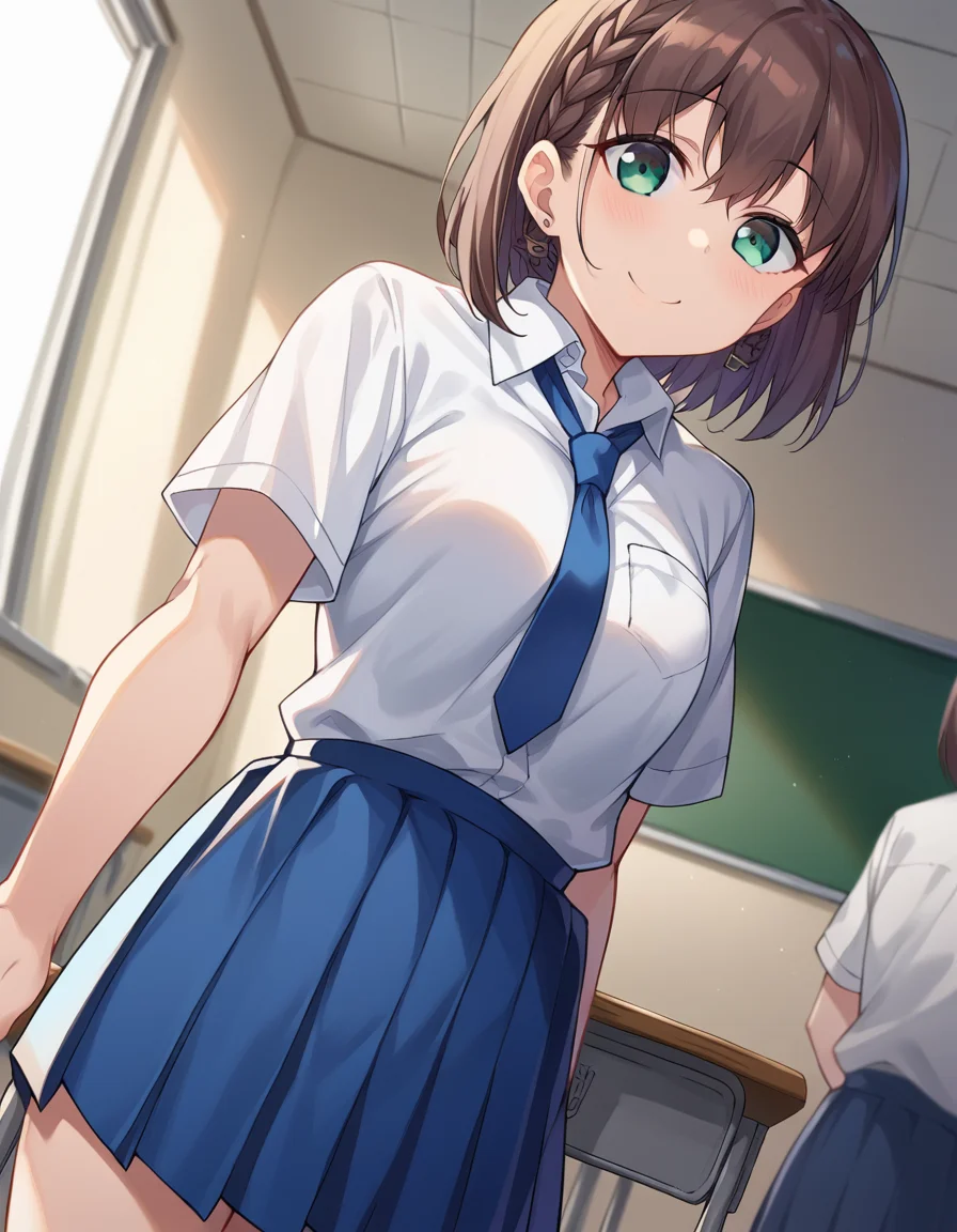 score_9, score_8_up, score_7_up, source_anime,
tawawaai, <lora:tawawa-ai-chan-ponyxl-lora-nochekaiser:1>,
ai, short hair, brown hair, green eyes, braid, side braid, smile,
skirt, shirt, jewelry, school uniform, white shirt, short sleeves, pleated skirt, earrings, necktie, collared shirt, blue skirt, blue necktie,
indoors, classroom,
looking at viewer, dutch angle, cowboy shot,