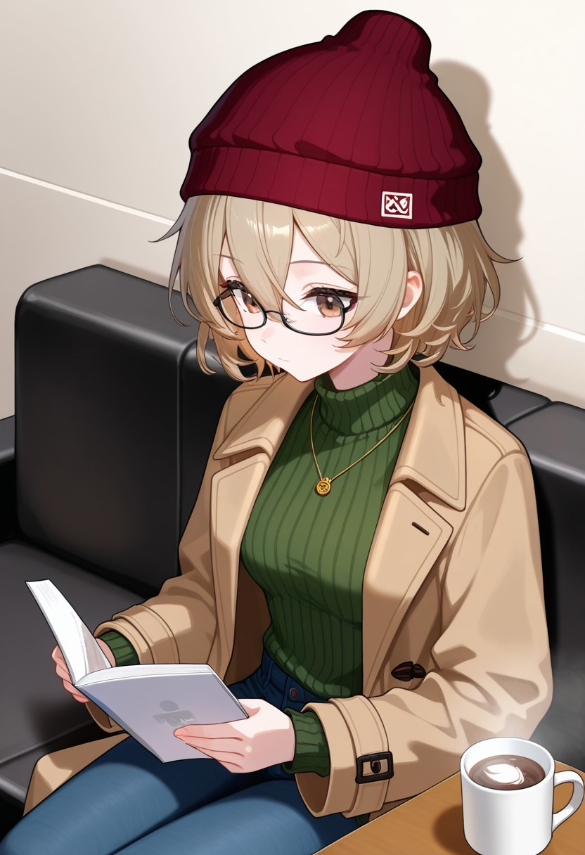 masterpiece, best quality, 1girl, ClioAite, brown eyes, glasses, short hair, bangs, hair between eyes, black-framed eyewear,  red headwear, hat, beanie,   jewelry, necklace,, long sleeves, sweater, turtleneck, turtleneck sweater, green sweater, ribbed sweater,, coat, brown coat, jacket, open clothes, open coat,, pants, jeans, denim, indoors, sitting, reading, coffee mug, ,