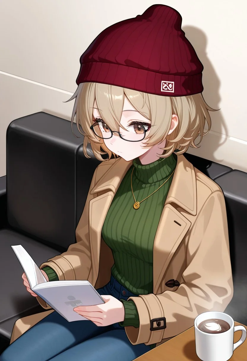 masterpiece, best quality, 1girl, ClioAite, brown eyes, glasses, short hair, bangs, hair between eyes, black-framed eyewear,  red headwear, hat, beanie,   jewelry, necklace,, long sleeves, sweater, turtleneck, turtleneck sweater, green sweater, ribbed sweater,, coat, brown coat, jacket, open clothes, open coat,, pants, jeans, denim, indoors, sitting, reading, coffee mug, ,