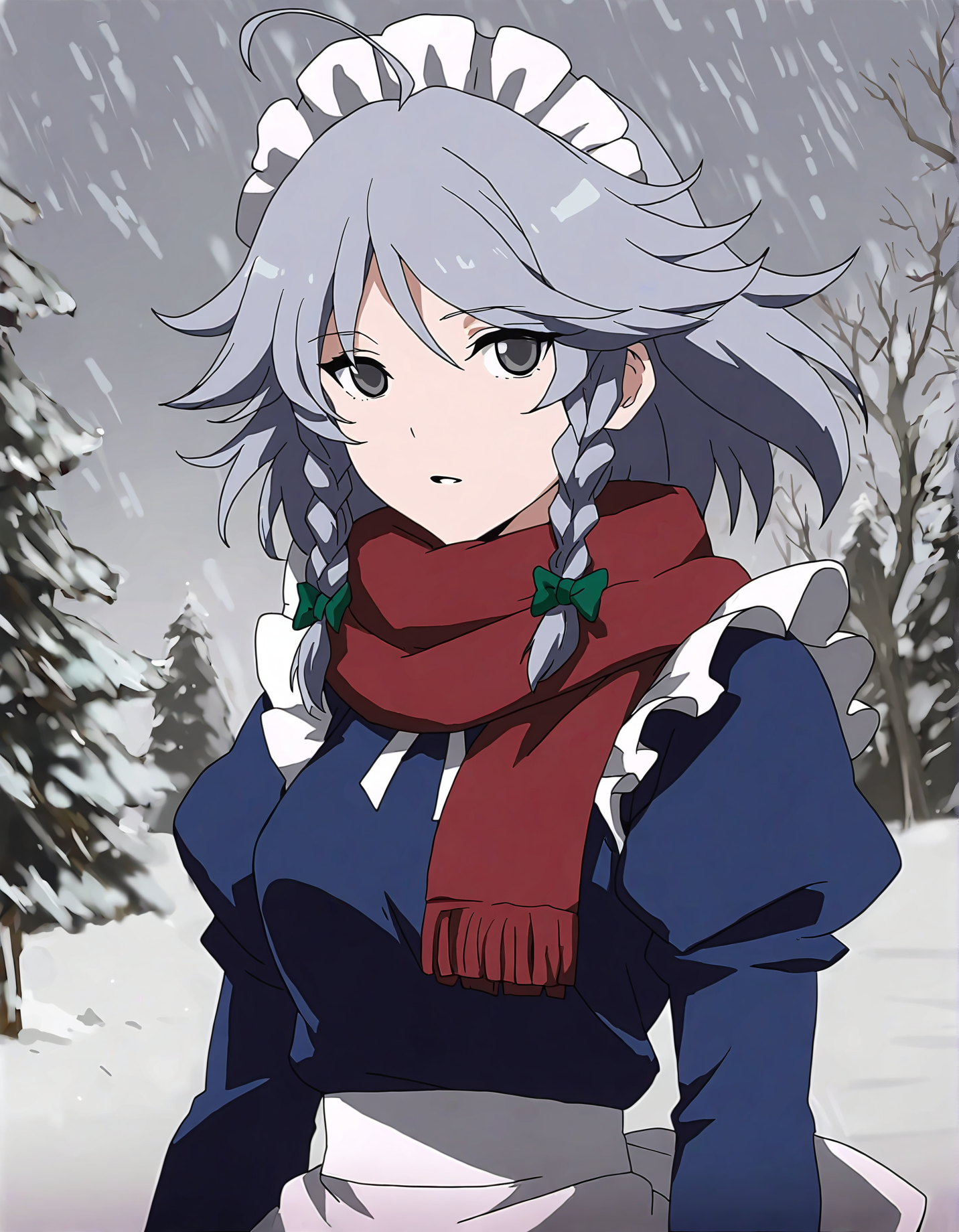 memoriesofphantasm, 1girl, izayoi sakuya, anime coloring, braid, solo, maid headdress, twin braids, grey hair, scarf, bow, hair bow, maid, red scarf, ahoge, parted lips, general, green bow, tree, short hair, upper body, outdoors, snow, grey sky, sensitive, grey eyes, blue dress, sky
very awa, masterpiece, best quality, year 2024, newest, highres, absurdres, <lora:memories-of-phantasm-style-noobai-vpred10-timestep-dynamic:1>