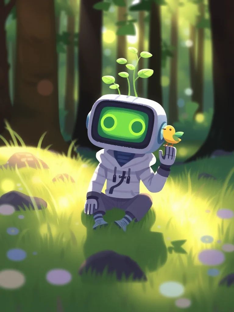 AMELICART. masterpiece, best quality,high detailed.Digital art in a whimsical, colorful style depicting a robot sitting on lush, grassy terrain in a forest. The robot, wearing a tattered white hoodie and pants, has a round head resembling a TV screen with glowing green eyes. Little green leaves and vines are sprouting from the top of its head. A small, plump bird with green wings and a beak is perched on the robot's finger. Sunlight filters through the trees, casting dappled light onto the scene, heightening the enchanted and playful atmosphere.