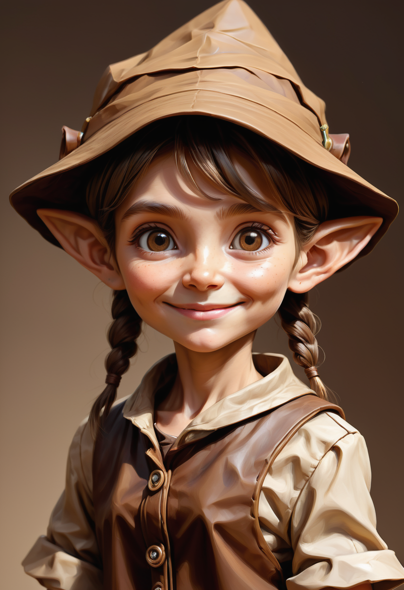 hyper detailed masterpiece, dynamic, awesome quality, female  brownie, small humanoid creature, wrinkled or aged appearance, brown earth toned clothing, pointed ears, friendly expression, small pointed hat, expressive eyes, curiosity, playfulness, cute, helpful household tasks, domestic environments