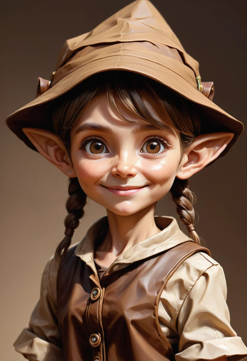 hyper detailed masterpiece, dynamic, awesome quality, female brownie, small humanoid creature, wrinkled or aged appearance, brown earth toned clothing, pointed ears, friendly expression, small pointed hat, expressive eyes, curiosity, playfulness, cute, helpful household tasks, domestic environments