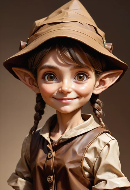 hyper detailed masterpiece, dynamic, awesome quality, female brownie, small humanoid creature, wrinkled or aged appearance, brown earth toned clothing, pointed ears, friendly expression, small pointed hat, expressive eyes, curiosity, playfulness, cute, helpful household tasks, domestic environments