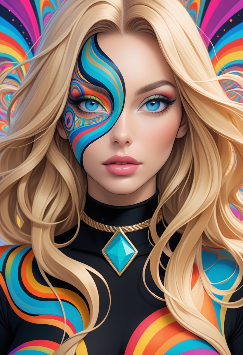 ((view from the waist up)) 1woman, solo,  long hair, blonde hair, black choker, blue eyes, one eye covered by hair, eyeliner, gorgeous lips, tights, medium breasts. ((psychedelic))