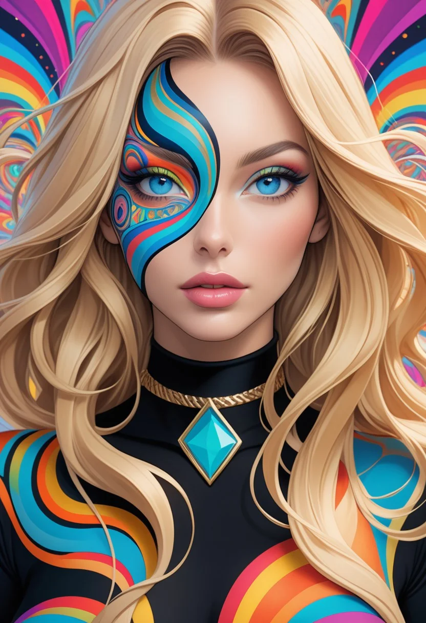 ((view from the waist up)) 1woman, solo, long hair, blonde hair, black choker, blue eyes, one eye covered by hair, eyeliner, gorgeous lips, tights, medium breasts. ((psychedelic))
