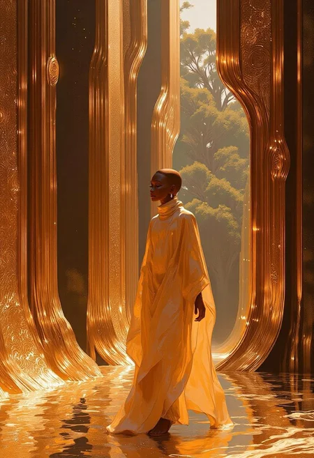 A portrait of an African woman wearing a loose coverall, walking through a massive futuristic temple, light beams fall on intricately carved walls, mosaic floors, high detail, ambient lighting, forest beyond,
