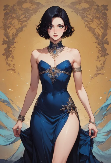 score_9, score_8_up, score_7_up, 1boy, femboy, otoko no ko, short hair, bob cut hair, black hair, grey eyes, gray eyes, feminine face, toned body, Shelly, long red dress, ruched neckline, ball gown, flowing gown, side slit, elegant dress, expensive jewelry, highly detailed, intricate, zzCitronCAT, sexy pose, haughty expression, cowboy shot, modelshoot, abstract background, solo