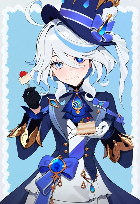l4vsty444, year 2024, masterpiece, detailed, best quality, newest, absurdres, highres, 1girl, (furina \(genshin impact\):0.5), chewing, cake slice, plate, holding, fork, crumbs, smile, drop-shaped pupils, eyelash ornament, top hat, blue ascot, mismatched pupils, blue brooch, mismatched gloves, blue hat, blue gemstone, cowlick, cowboy shot, whipped cream, blueberry, light blue background, lace border, looking at viewer,