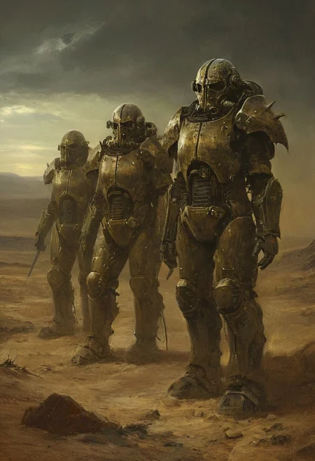 Four soldiers in power armor travelers in the post-apocalyptic desert,fallout universe,alienscape,glossy armor,intricate design,massive armor,corrupted neverland,dramatic sky, dust,wind, bleak,glow,flickering, dark art, dim light, somber, dramatic, high quality, detailed,science fiction,distopia,horror theme,futuristic, technology,atompunk,dying world of our hopes,dramatic,thrilling,decay,best quality,masterpiece,dynamic composition,color contrast,primary colors,no gradients,close-up