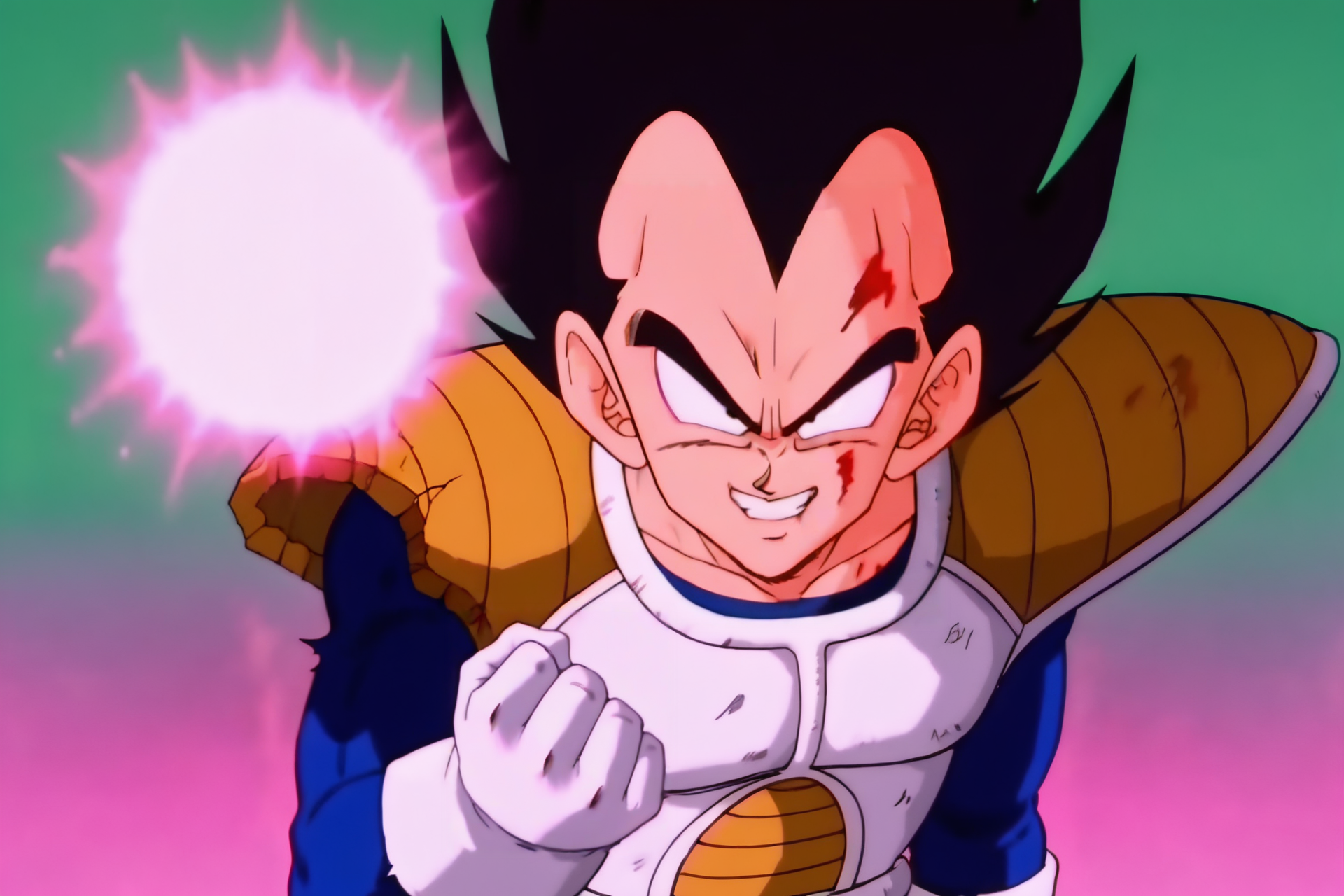 source_anime, score_9, score_8_up, score_7_up, anime screencap,8k, absurd res,
vegeta, solo, looking at viewer, smile, black hair, gloves, 1boy, upper body, male focus, white gloves, armor, black eyes, blood, spiked hair, saiyan armor, v-shaped eyebrows, energy ball, damaged armor, outstretched arm, blue bodysuit, blood from mouth, 1990s \(style\), retro artstyle
 <lora:vegeta_pony_v1:0.8>