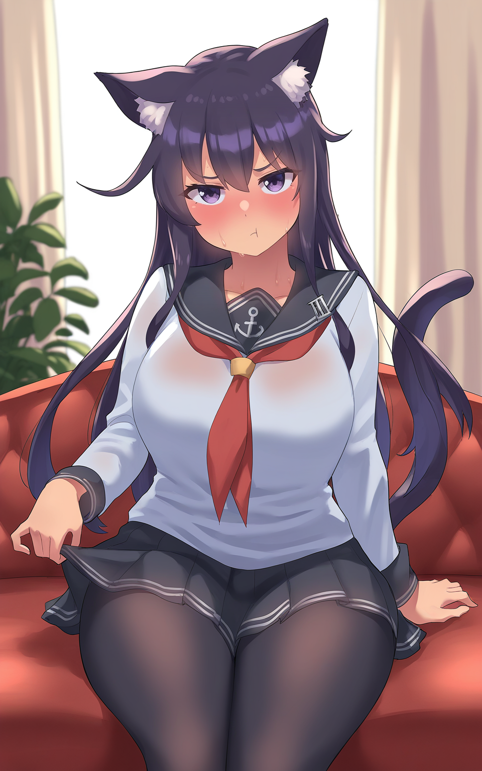 masterpiece, best quality, very awa, highres, absurdres, sweat, blush,
<lora:Zheng v1 - NoobAI 0.75 V-Pred - Final:1>
1girl, solo, pleated skirt, looking at viewer, purple eyes, red neckerchief, pout, black pantyhose, black sailor collar, cat tail, cat girl, cat ears, tail, long hair, serafuku, dark purple hair, long sleeves, school uniform, sailor collar, akatsuki \(kancolle\), animal ear fluff, blush, naval uniform, skirt, indoors, sitting, white shirt, window, skirt grab, red sofa, nervous sweating, nervous, potted plant, black skirt, large breasts, beige curtains, red couch, thick thighs, cowboy shot, arm support