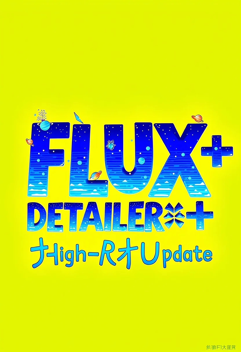 A yellow background with the text "Flux Detailer+" in bold, psychedelic font. The letters have an iridescent shimmer effect and are arranged to resemble floating stars or planets. There is also some digital pixel art on top of it that adds another layer of visual complexity. In front of them is written Japanese characters for "High Res Update". It's a creative design for a social media post or profile banner.