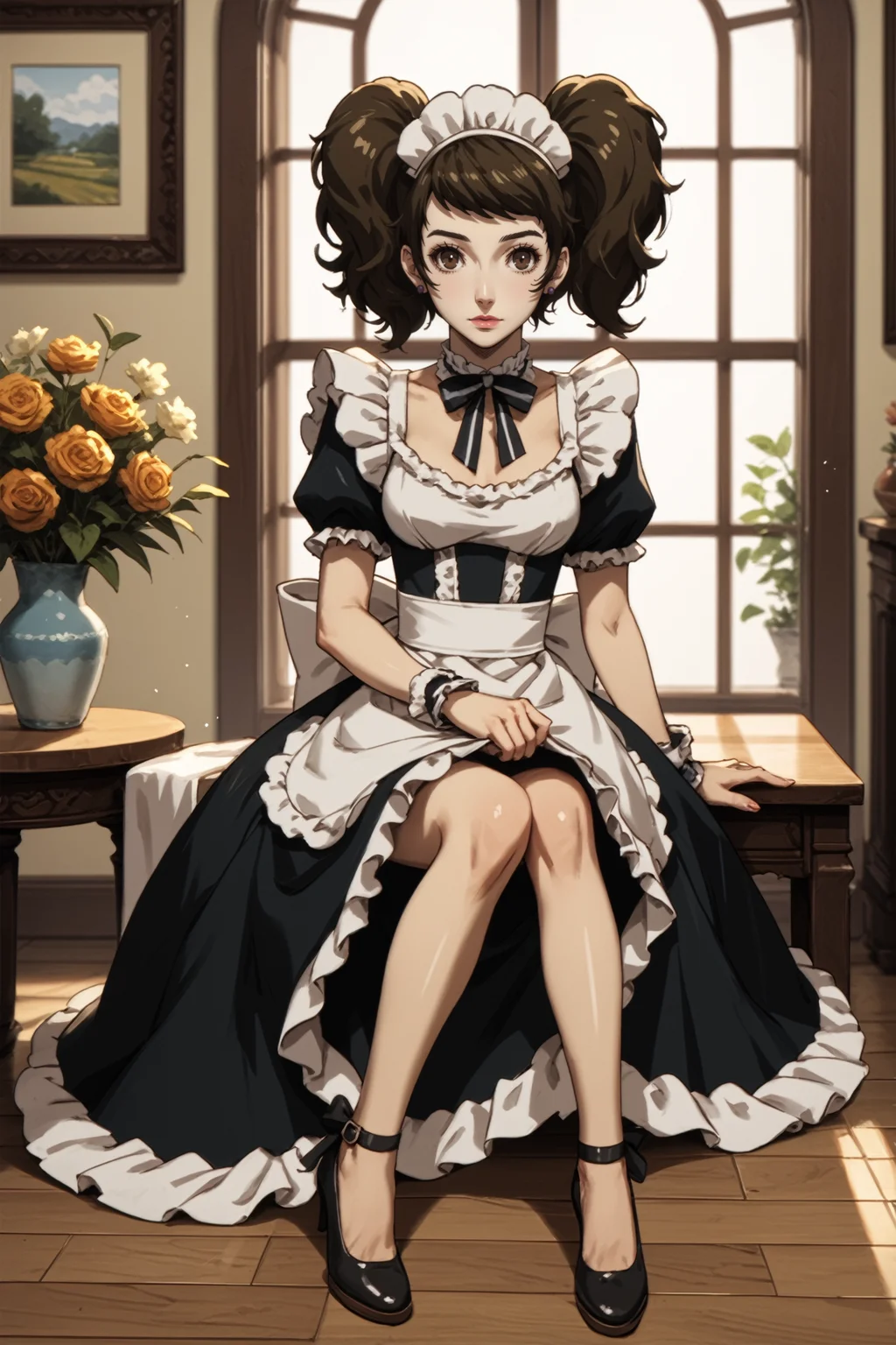 score_9, score_8_up, score_7_up, score_6_up
<lora:P5Sadayo:0.8>
P5Sadayo, 1girl, brown hair, brown eyes, wavy hair, looking at viewer, twin tails, maid outfit, maid headdress, sitting, full body