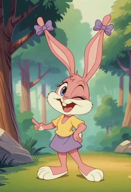 (source_furry, source_cartoon,  score_9, score_8_up, score_7_up:1), solo female, 1girl, screencap, (chibi:0.5), bunny, bows, looking at viewer, V, smile, open mouth, winking, outdoors, forest