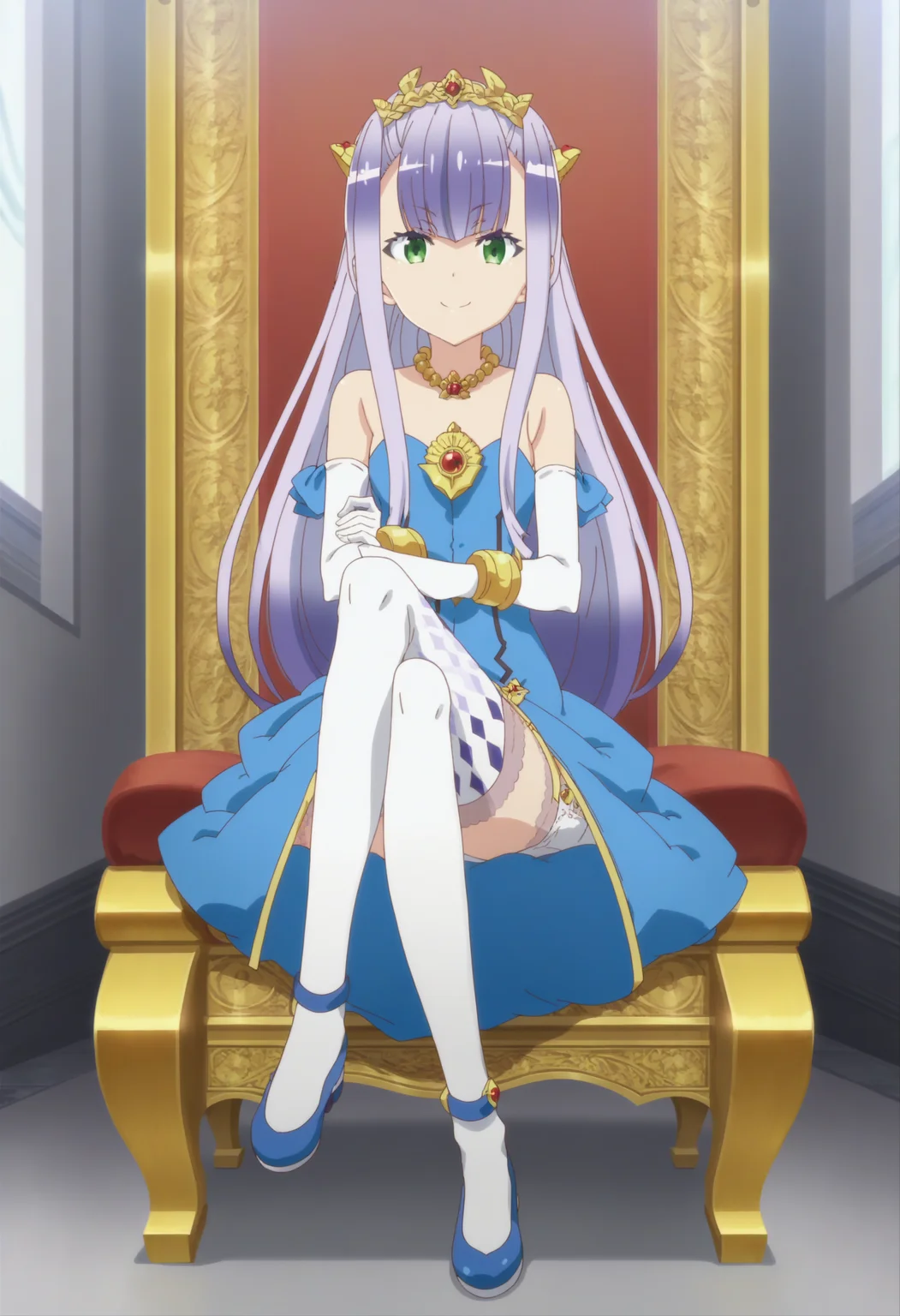 score_9, score_8_up, score_7_up, score_6_up, score_5_up, score_4_up , anime coloring ,BREAK source_anime, anime,screencap,
1girl, solo, petralka, thighhighs, white skirt, chest jewel, white arm gloves, necklace, bracelet, tiara, blue dress, blue footwear, <lora:PonyXL OC Petralka V1:1>
indoors, throwne, sitting on throne, legs crossed,
smile, looking at viewer,