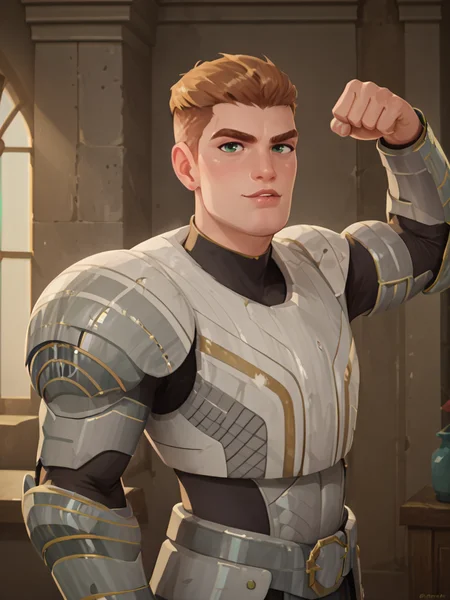 portrait of thod_sb man, <lora:Thoddeus_Sureblade_Nimona:.8> light brown hair, short hair, green eyes, armor, seductive face, cocky, manly, flexing,, score_9, score_8_up, score_7_up, <lora:Smooth Anime 2 Style SDXL_LoRA_Pony Diffusion V6 XL:.3> <lora:add-detail-xl:.8> zPDXL3,