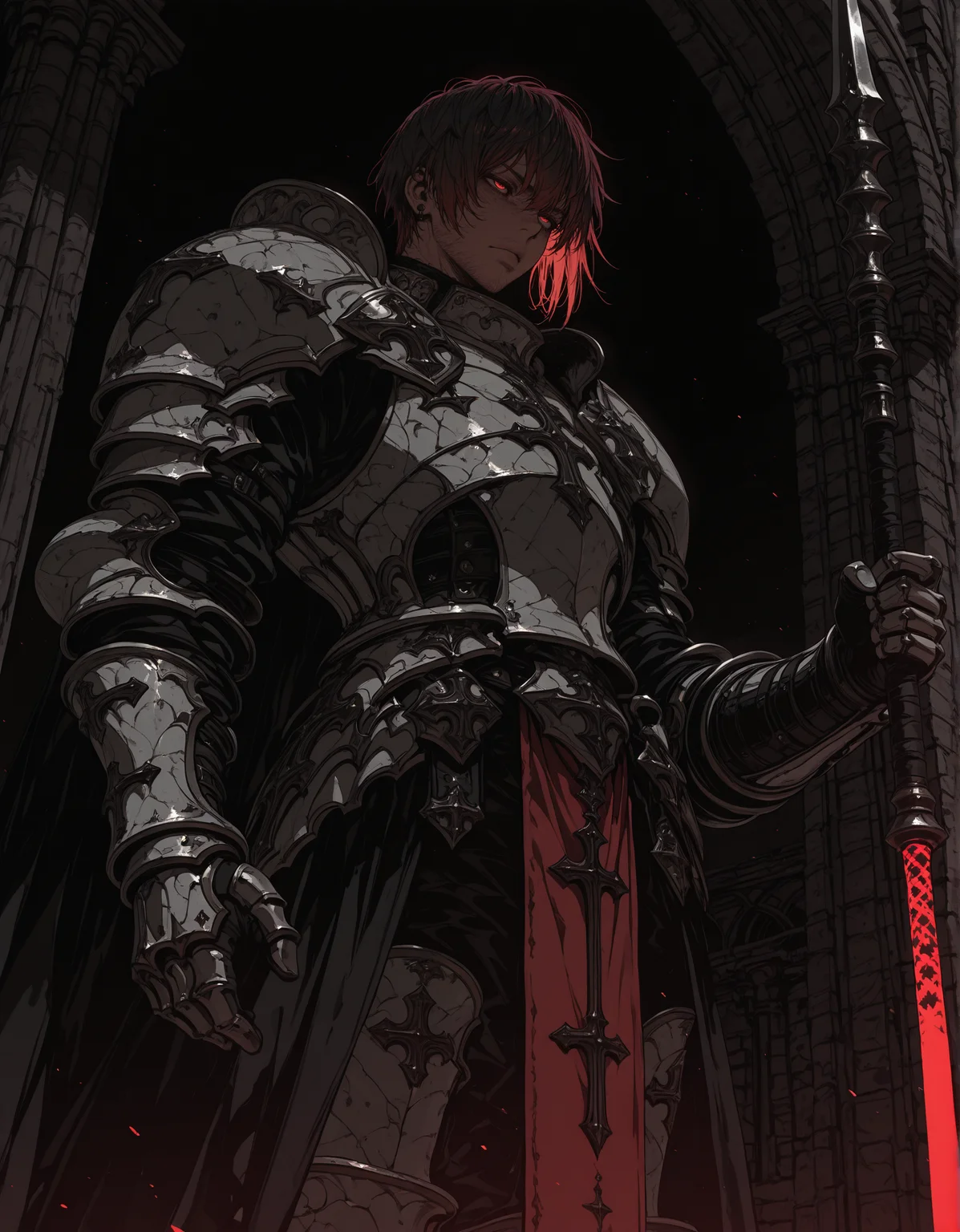 masterpiece, best quality,high quality, newest, highres,8K,HDR,absurdres, 1boy, old, short hair, solo, holding spear, gauntlets, armored, red theme, <lora:iLLMythSmo0thL1nes:1> Smo0thL1nes