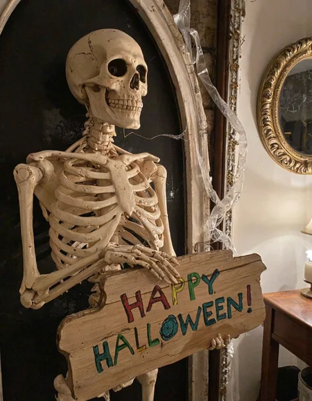 Photograph. In a dimly lit room cast in shadows, a spooky skeleton stands proudly with a slightly crooked grin, its bony fingers delicately clutching a weathered wooden sign that reads, "HAPPY HALLOWEEN!" in cheerful, colorful letters that contrast with the eerie atmosphere. Flickering candlelight dances around the skeleton, illuminating the intricate details of its skeletal frame and creating playful, elongated shadows that stretch across the walls. Cobwebs glisten in the soft glow, hinting at a mischievous spirit that has woven them around a nearby antique mirror, while the faint smell of melted wax hangs in the air. The atmosphere is a delightful mix of spookiness and whimsy, evoking both a shiver of fear and a chuckle of joy, as if the skeleton itself is celebrating the Halloween spirit, inviting everyone into its fantastical world of frightful fun.