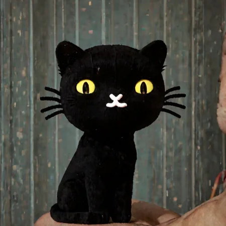 score_9, score_8_up, score_7_up, 8k, hd, photo, neutral expression, realistic, live-action, mio_pucca, yellow eyes, yellow sclera, black cat, cat, solo, 1boy, :< sitting, sad