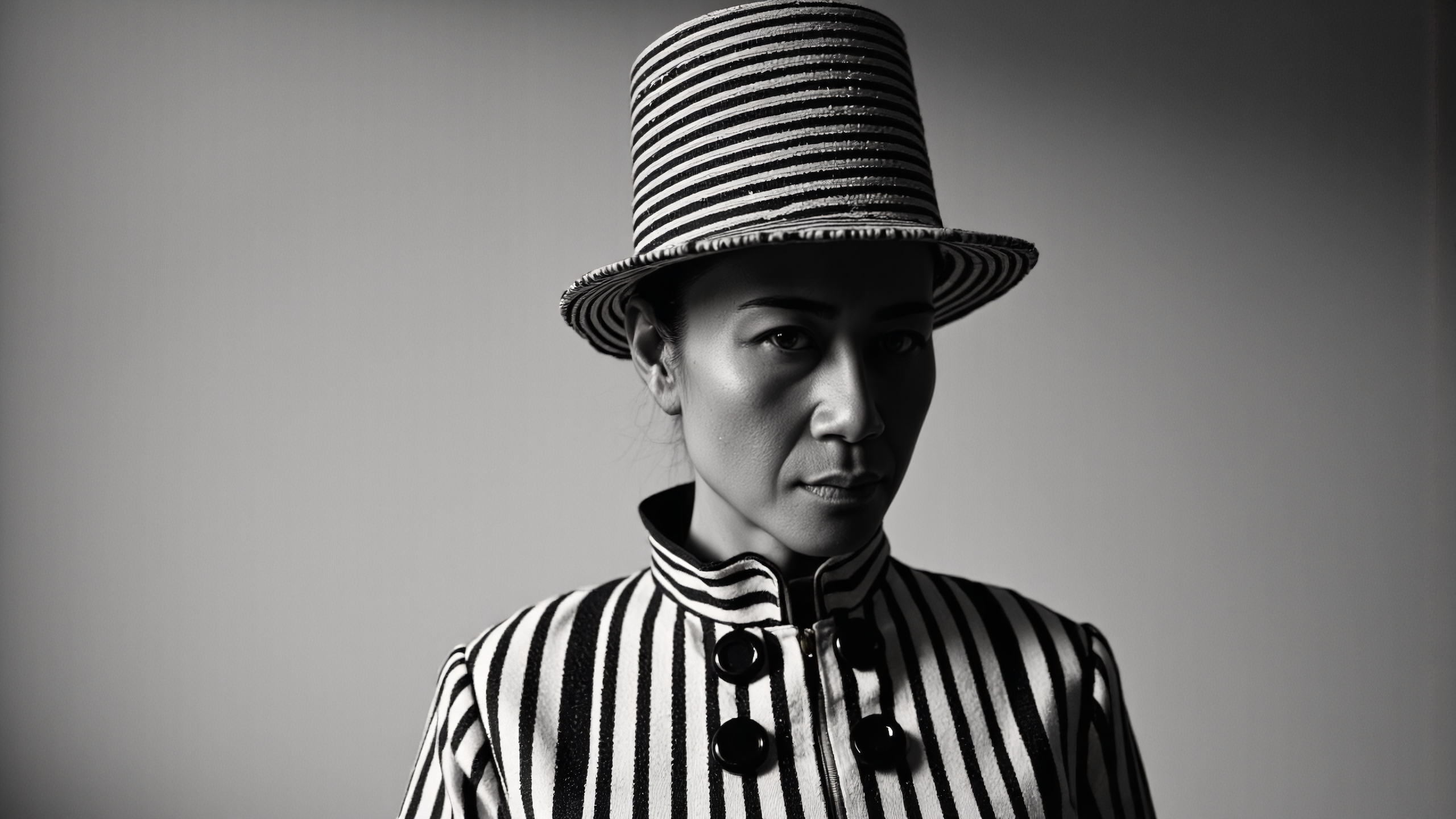 A striking black-and-white photograph of a beautiful Thai woman wearing a bold, high-fashion outfit. The ensemble features a structured, high-collared jacket with dramatic black and white vertical stripes, adorned with large, glossy black buttons running down the front. The collar is tall and striped, adding a geometric flair. She also wears a wide-brimmed hat with matching black and white stripes, tilted slightly for a sophisticated look. The background is a smooth, gradient gray, with soft, directional lighting casting gentle shadows, emphasizing the sharp contrast of the outfit. The overall mood is elegant, timeless, and avant-garde, with a vintage-inspired yet modern aesthetic.
<lora:Detailed Skin&Textures Flux V3:0.5> dsv4