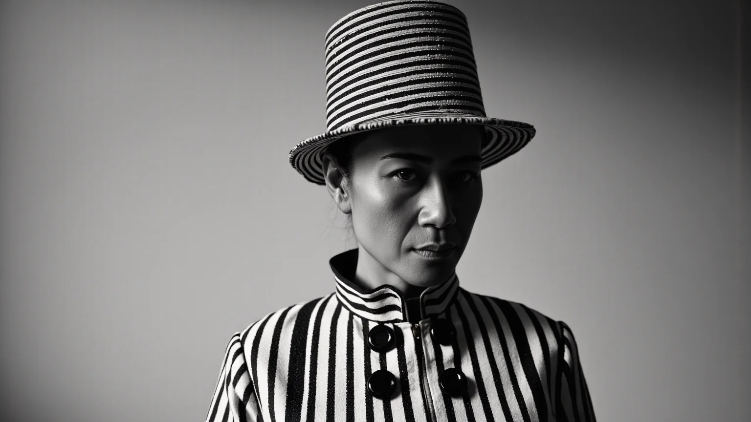 A striking black-and-white photograph of a beautiful Thai woman wearing a bold, high-fashion outfit. The ensemble features a structured, high-collared jacket with dramatic black and white vertical stripes, adorned with large, glossy black buttons running down the front. The collar is tall and striped, adding a geometric flair. She also wears a wide-brimmed hat with matching black and white stripes, tilted slightly for a sophisticated look. The background is a smooth, gradient gray, with soft, directional lighting casting gentle shadows, emphasizing the sharp contrast of the outfit. The overall mood is elegant, timeless, and avant-garde, with a vintage-inspired yet modern aesthetic.
<lora:Detailed Skin&Textures Flux V3:0.5> dsv4