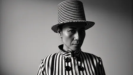 A striking black-and-white photograph of a beautiful Thai woman wearing a bold, high-fashion outfit. The ensemble features a structured, high-collared jacket with dramatic black and white vertical stripes, adorned with large, glossy black buttons running down the front. The collar is tall and striped, adding a geometric flair. She also wears a wide-brimmed hat with matching black and white stripes, tilted slightly for a sophisticated look. The background is a smooth, gradient gray, with soft, directional lighting casting gentle shadows, emphasizing the sharp contrast of the outfit. The overall mood is elegant, timeless, and avant-garde, with a vintage-inspired yet modern aesthetic.
<lora:Detailed Skin&Textures Flux V3:0.5> dsv4