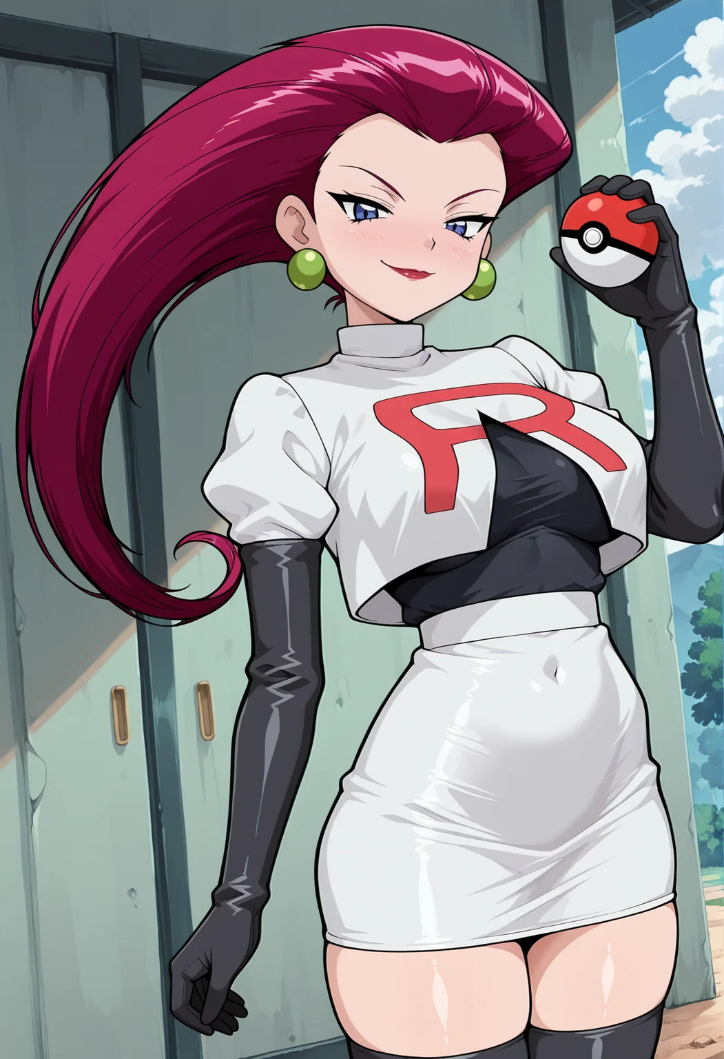 amazing quality,very aesthetic,absurdres,best quality,newest,masterpiece,4k resolution, absurdres, highres, detailed background,
<lora:jessiev2:0.8> 1girl, team rocket, jessie (pokemon),team rocket uniform, holding poke ball, smug,