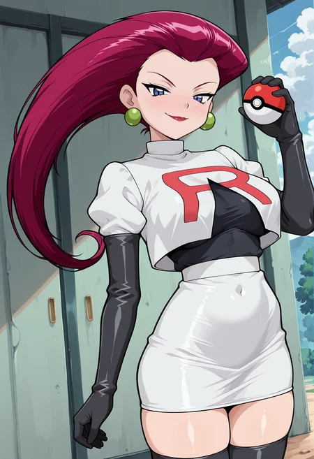 amazing quality,very aesthetic,absurdres,best quality,newest,masterpiece,4k resolution, absurdres, highres, detailed background,
<lora:jessiev2:0.8> 1girl, team rocket, jessie (pokemon),team rocket uniform, holding poke ball, smug,