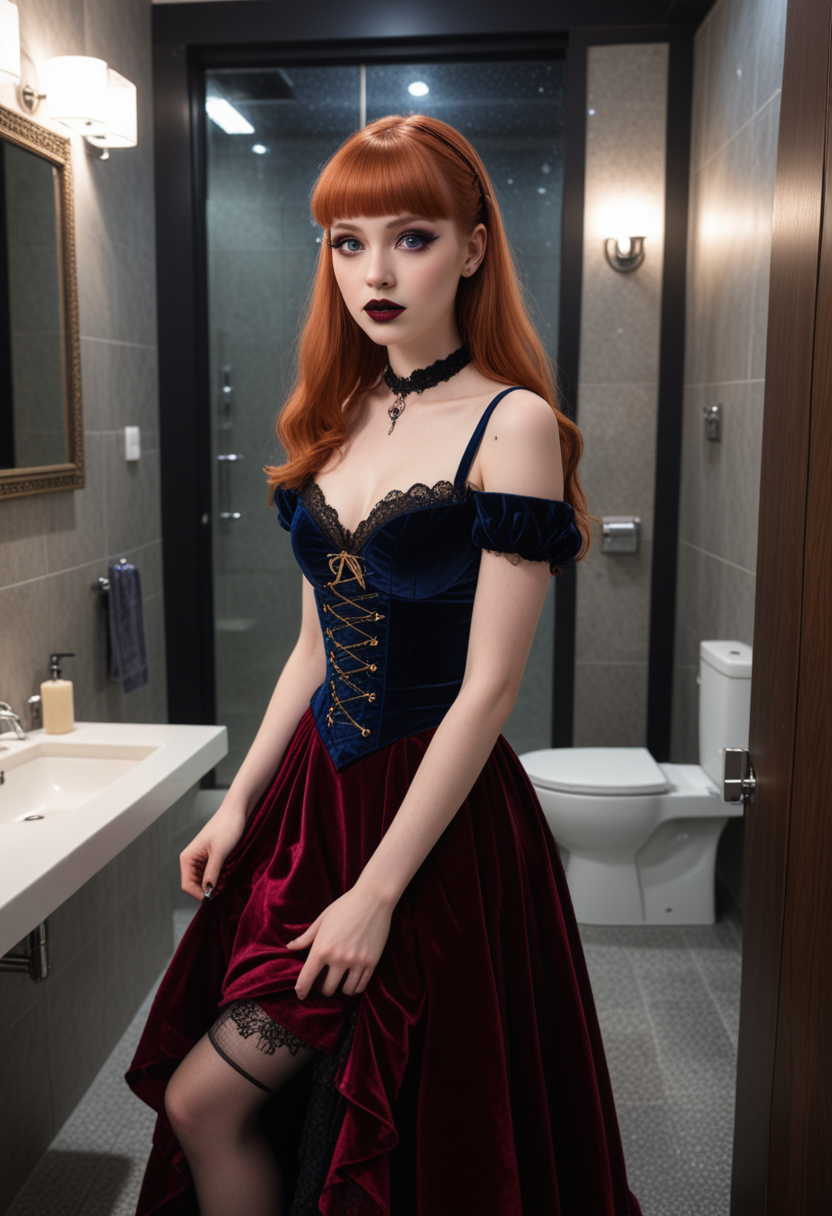 (medium full shot) of  (attractive gothic maiden) young woman, canadian, light skin, dark Blue eyes, tiny build, extra long ginger straight bangs hair, wearing Renaissance-inspired gown in burgundy velvet, bodice top, full skirt, lace stockings, leather flats, Black lipstick with glitter, dramatic smoky eyes with glitter accents, winged eyeliner, pale skin, black nail polish with glitter, set in  public Toilet, Modern, sleek design with motion-sensor lighting, floating sinks with sleek faucets, minimalist stalls with frosted glass doors, recessed toilet paper holders, sleek trash receptacle , at night, woman surprised, open mouth, pointing her finger at the viewer, Masterpiece,best quality, photo, realistic, very aesthetic, detailed face,