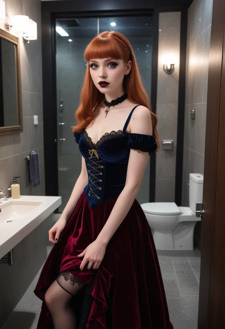(medium full shot) of (attractive gothic maiden) young woman, canadian, light skin, dark Blue eyes, tiny build, extra long ginger straight bangs hair, wearing Renaissance-inspired gown in burgundy velvet, bodice top, full skirt, lace stockings, leather flats, Black lipstick with glitter, dramatic smoky eyes with glitter accents, winged eyeliner, pale skin, black nail polish with glitter, set in public Toilet, Modern, sleek design with motion-sensor lighting, floating sinks with sleek faucets, minimalist stalls with frosted glass doors, recessed toilet paper holders, sleek trash receptacle , at night, woman surprised, open mouth, pointing her finger at the viewer, Masterpiece,best quality, photo, realistic, very aesthetic, detailed face,